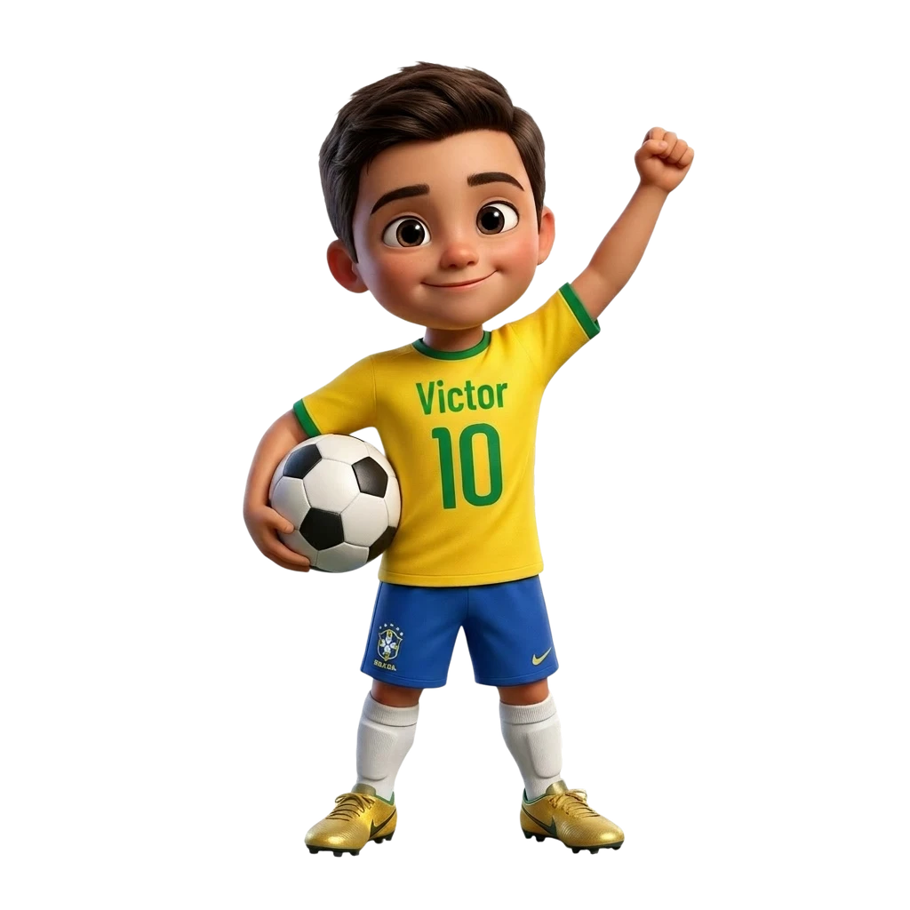 Victor, em desenho, com a camisa do Brasil e uma bola debaixo do braço